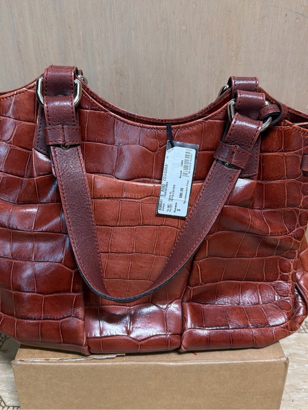 Furla Croc-Embossed Leather Shoulder Bag - Chestnut Brown